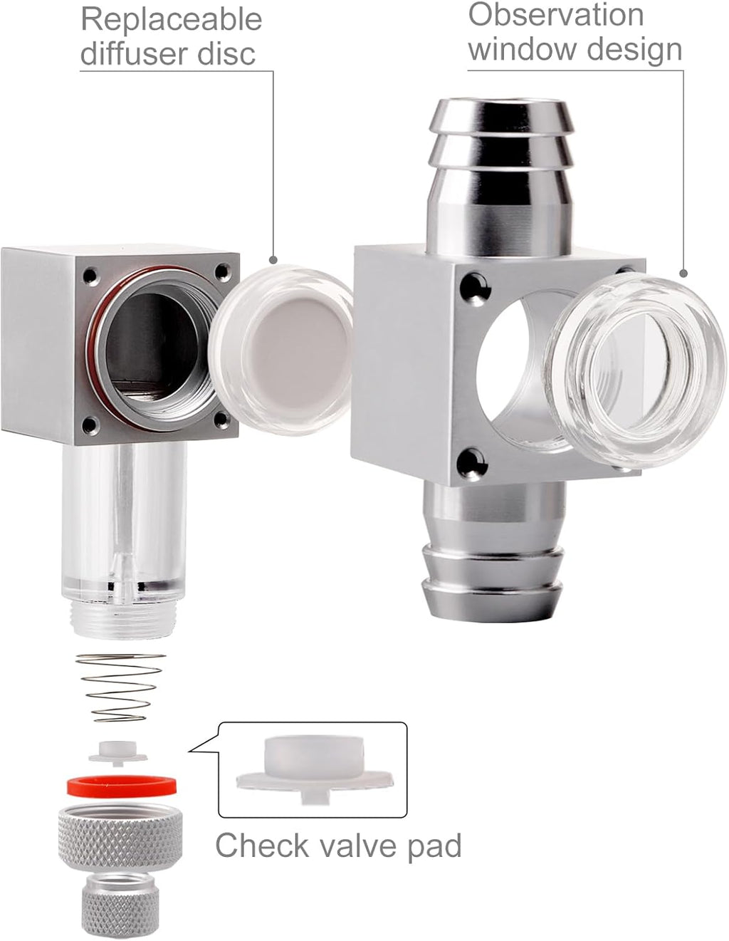 External Inline CO2 Diffuser Atomizer with Bubble Counter Aluminum Alloy for Planted Aquarium Canister Filter (DC400-L-16)