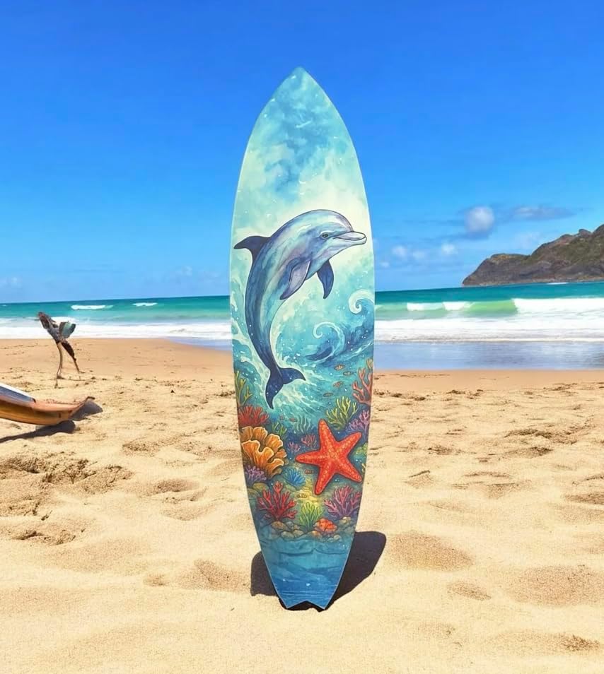 JennyGems Dolphin Surfboard Wall Art Outdoor Coastal PVC Beach House Decor, Ocean Animal Wall Sign, Tropical Underwater Scene with Coral and Starfish, 3 Foot