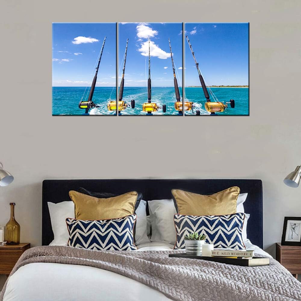 Fishing Pictures Fishing Rod Painting for Living Room Kitchen Fish Decor for Home Ocean/Seascape Wall Art 3 Pieces Big Game Artwork Framed Gallery-Wrapped Ready to Hang Man Cave Gift(42''Wx20''H)
