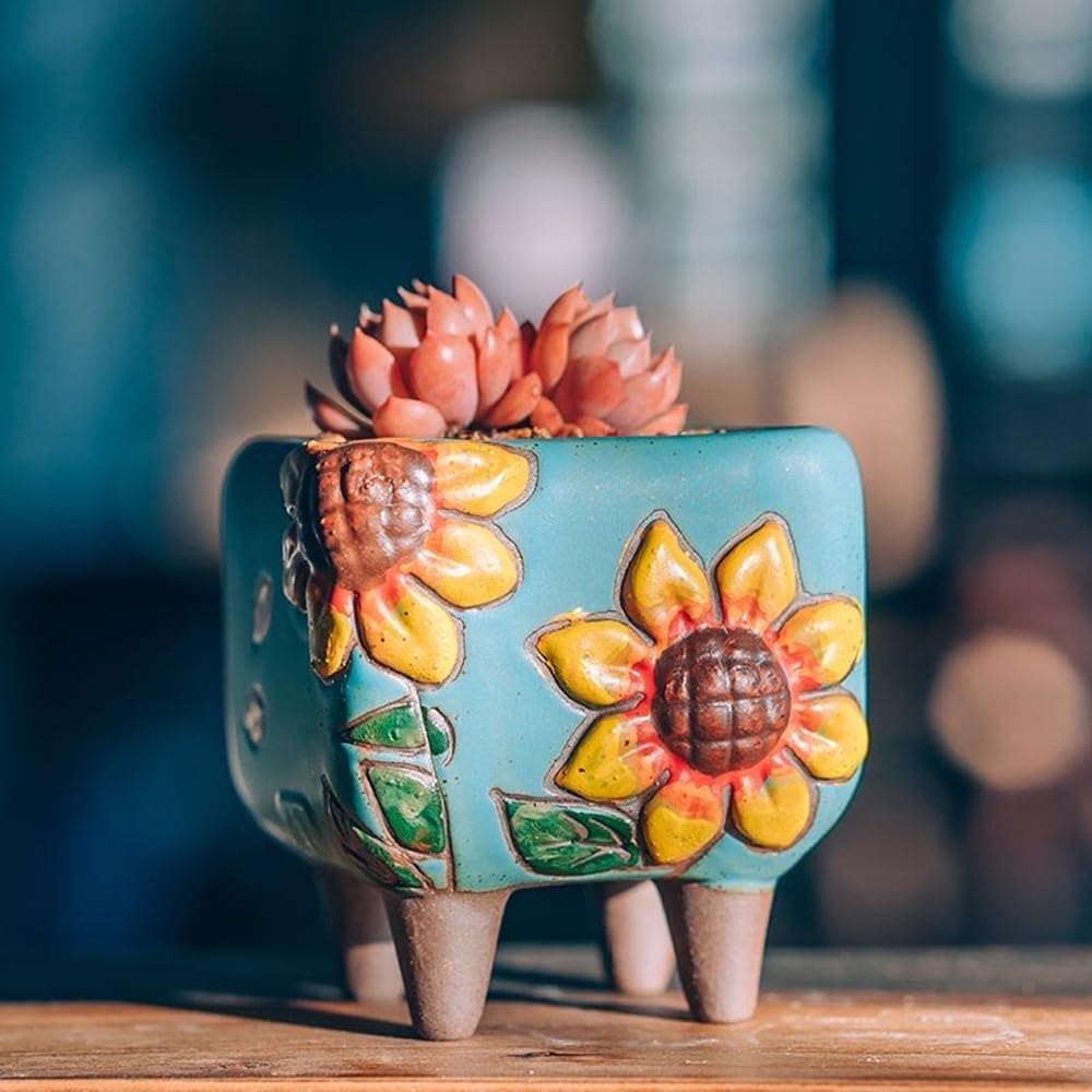 3.63 Inch Hand Painted Square Succulent Planter with Drainage and Clear Plastic Saucers Cactus Planter Pot Clay Pot Sunflowers Indoor Outdoor Pack of 3