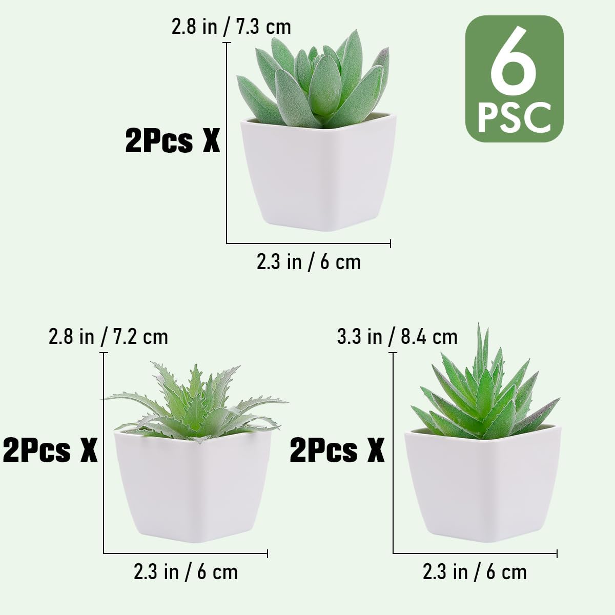 Woration 6pcs Faux Artificial Mini Flocking Succulent Plants in White Pots Fake Plastic Plants Topiaries for Shelf Table Windowsills Office Home Green Decoration