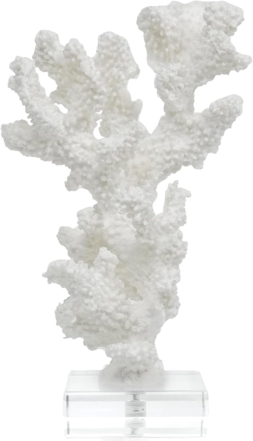 Coral Beach Decor, 9.5'' High x 5.2'' Width Artificial Resin Coral Reef Statue for Ocean Coastal Beach Nautical Themed Room Bathroom Decor for Home,RB1002W,White