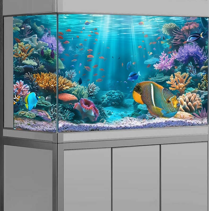 Underwater Aquarium Background, Ocean Floor Coral Reef Undersea Tropical Fish Coral Reef, Polyester Fish Tank Background with 6 EVA Double-Sided Tapes 48x24 inches/120x60