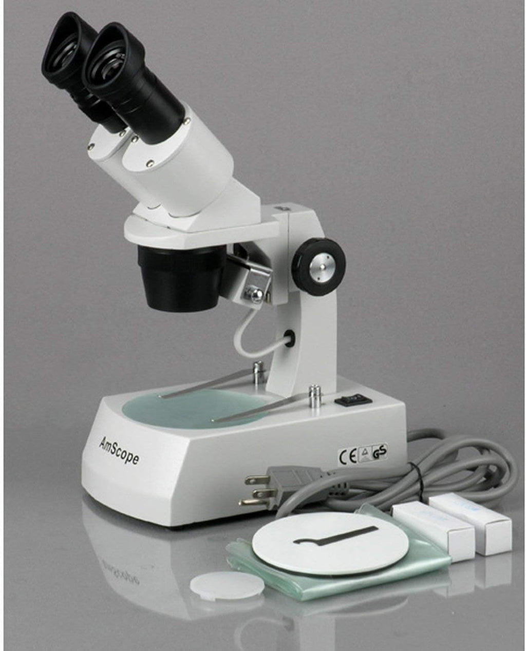 AmScope SE306R-AZ Forward-Mounted Binocular Stereo Microscope, WF10x and WF20x Eyepieces, 20X/40X/80X Magnification, 2X and 4X Objectives, Upper and Lower Halogen Lighting, Reversible Black/White Stage Plate, Arm Stand, 120V