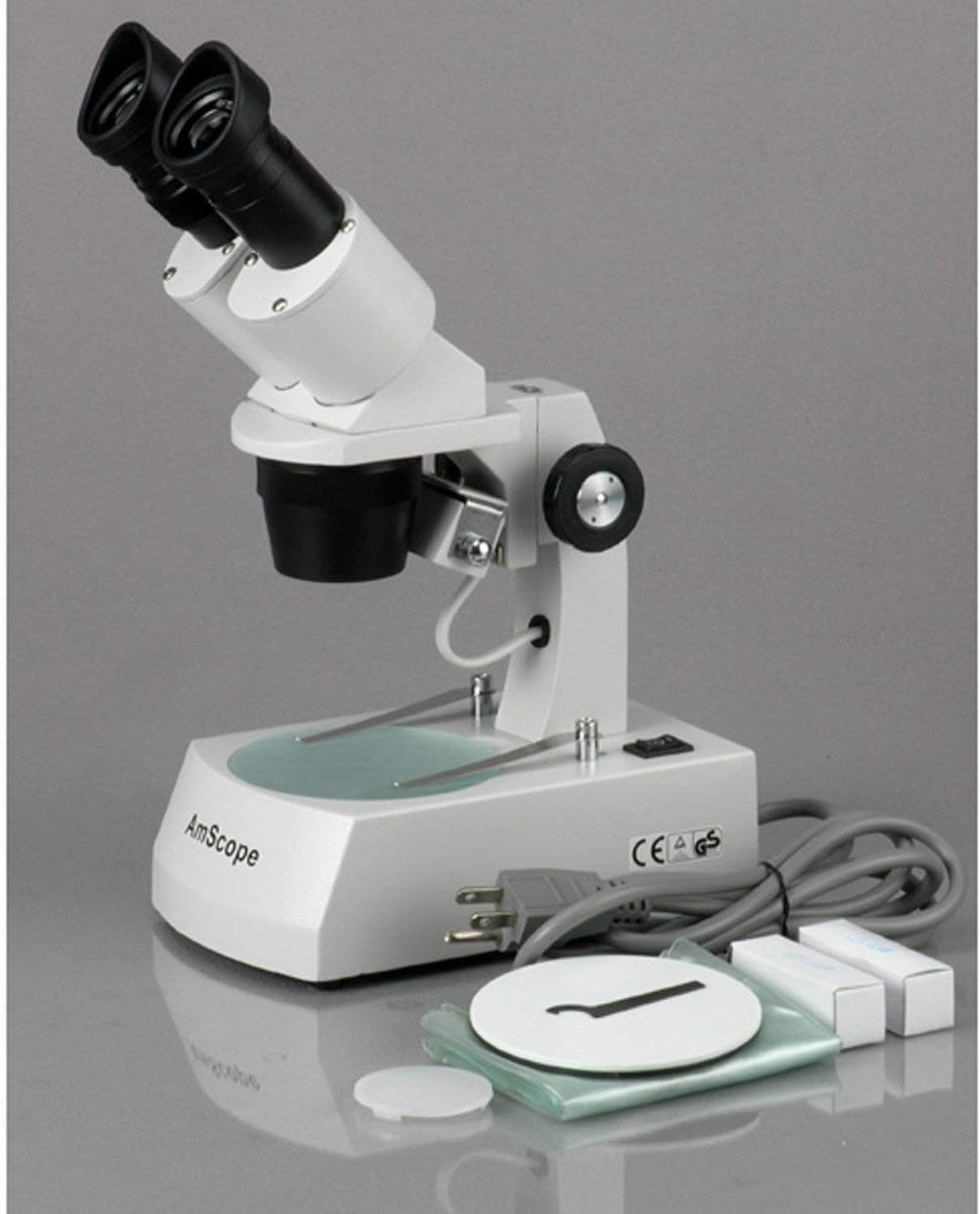 AmScope SE306R-AY Forward-Mounted Binocular Stereo Microscope, WF10x and WF15x Eyepieces, 20X/30X/40X/60X Magnification, 2X and 4X Objectives, Upper and Lower Halogen Lighting, Reversible Black/White Stage Plate, Arm Stand, 120V
