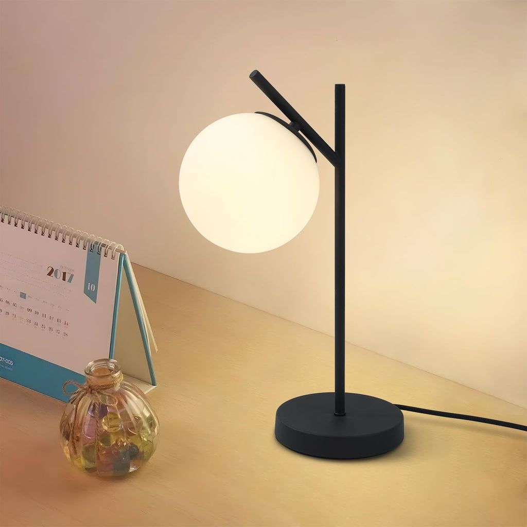 Mid Century Modern Table Lamp Contemporary White Glass Globe Table Lamp Vintage Nordic Desk Lamp Metal Nightstand Lamp for Office Study Room Bedroom(H19.2)