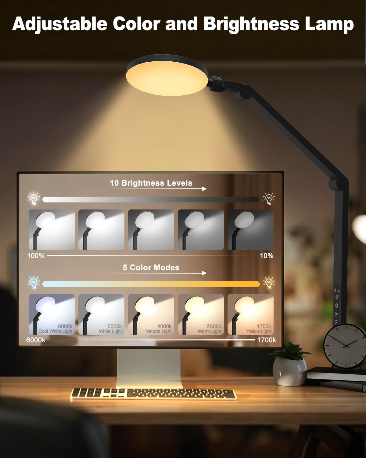 Desk Lamp, ZAPLIT 10W LED Desk Light with Clamp & Adjustable Arm for Home Office, Touch Control Eye-Care Light for Reading with 5 Color Temps (1700K-6000K) & 10 Brightness, Timer, USB Adapter Included