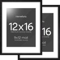 Homeforia 12x16 Black Wood Picture Frame, High End Oak 12x16 Poster Frames with Mat 9x12 Print, 12 x 16 Black Wooden Frame Matted to 9 by 12 Photo, 16x12 Thin Frame, Tempered Glass, Wall Kit, Set of 2