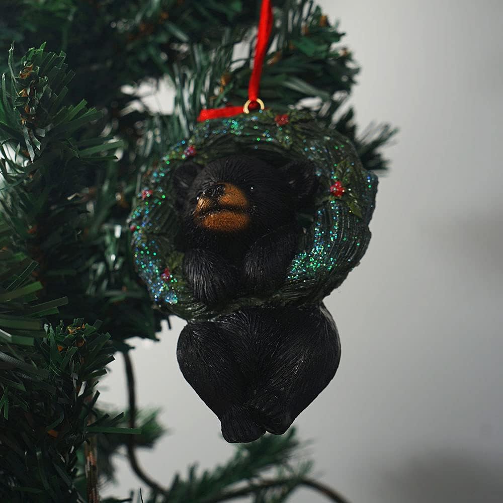 Christmas Small Animal Wreath Swing Ornament Hanging Decor for Xmas Tree Home Office Room Decoration with String (New, Black Bear)