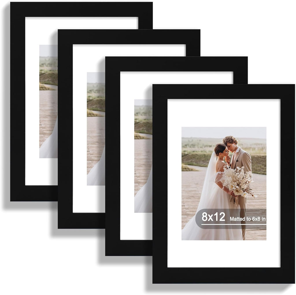 8x12 Picture Frame Set of 4, Made of Real Glass and Black Wooden Frame - Display 6x8 Picture with Mat or 8 x 12Poster Without Mat, 8 by 12 Photo for Wall or Tabletop