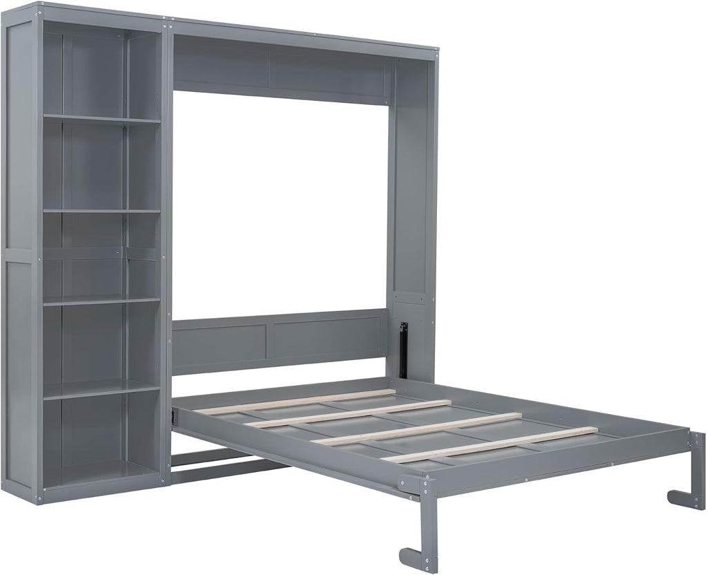 MERITLINE Queen Murphy Bed with Storage Bookcase Shelves,Wood Folding Grey Murphy Wall Bed Cabinet