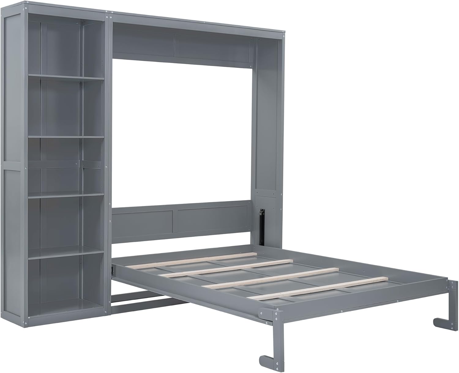 MERITLINE Queen Murphy Bed with Storage Bookcase Shelves,Wood Folding Grey Murphy Wall Bed Cabinet