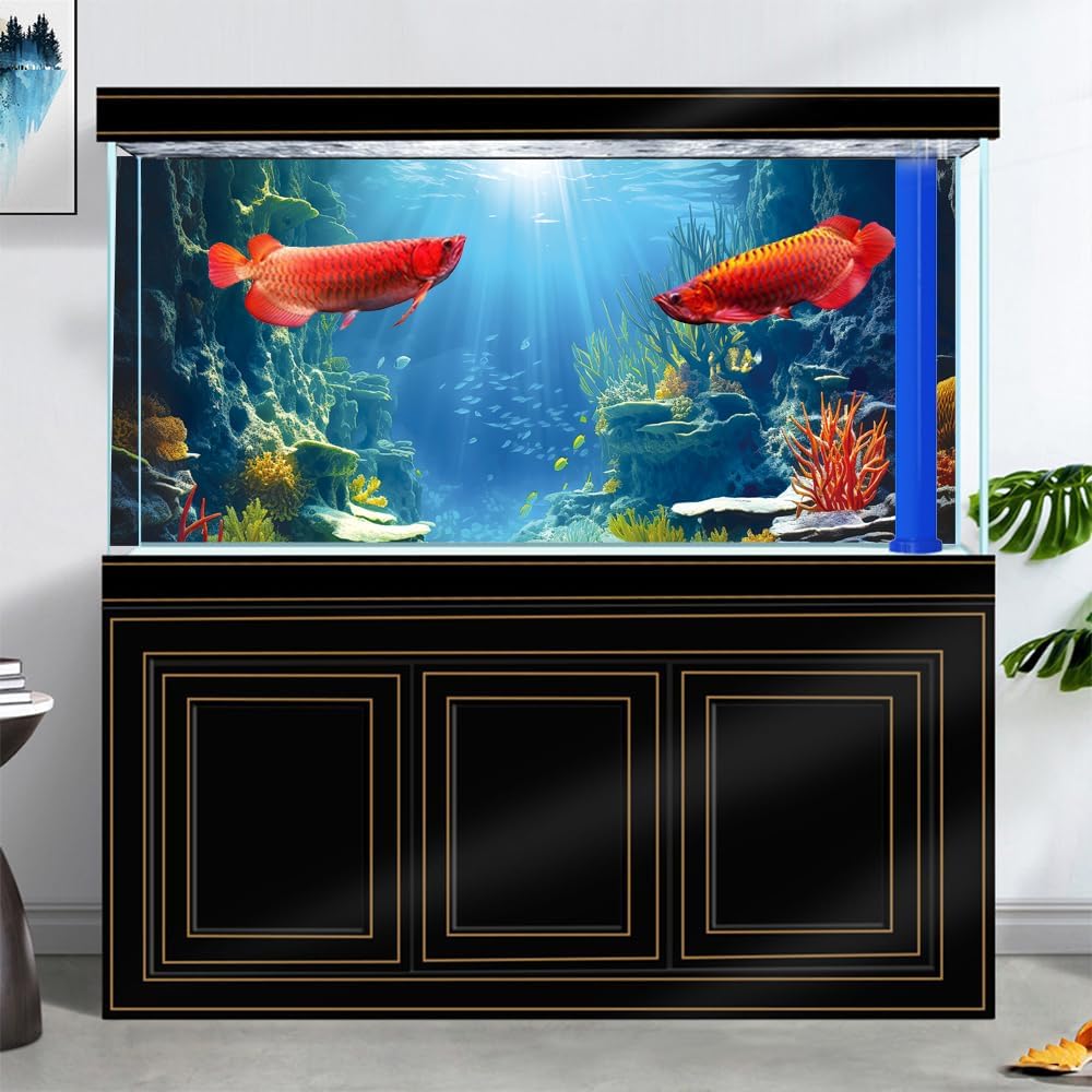 48X20IN Blue Sea Floor Aquarium Background, Natural Underwater World 3D Effect Fish Tank Decorations Background, Art Terrarium Background with 8 EVA Double-Sided Tape