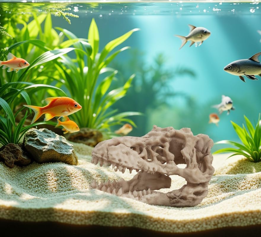 Dinosaur Skull Aquarium Décor - Fish Tank Decoration Hideaway for Fish,Natural Look, 6.3"x4"x4" - Fun Underwater Environment! (6.3")