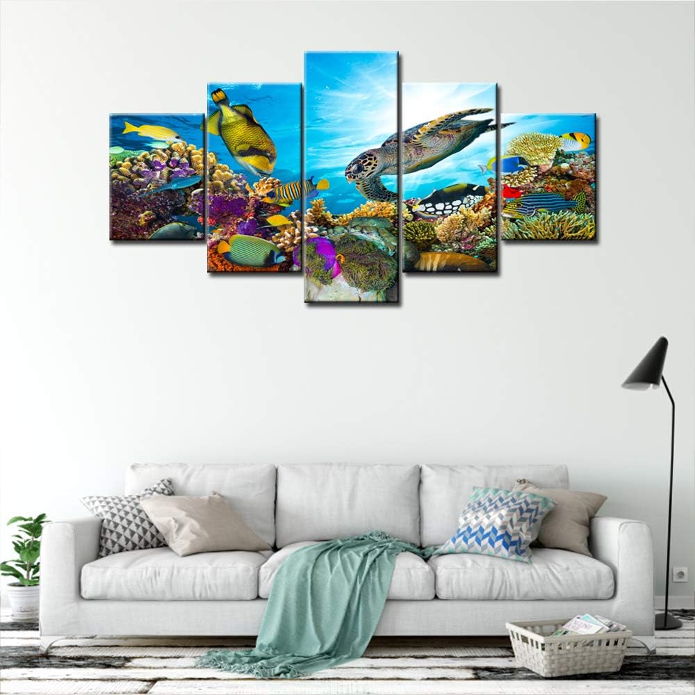 Room Wall Pictures Colorful Coral Reef Wall Art for Living Room Landscape Paintings 5 Piece Prints on Canvas Undersea Artwork Modern Home Decor Galler-Wrapped Wooden Framed Ready to Hang(60''Wx 32''H)