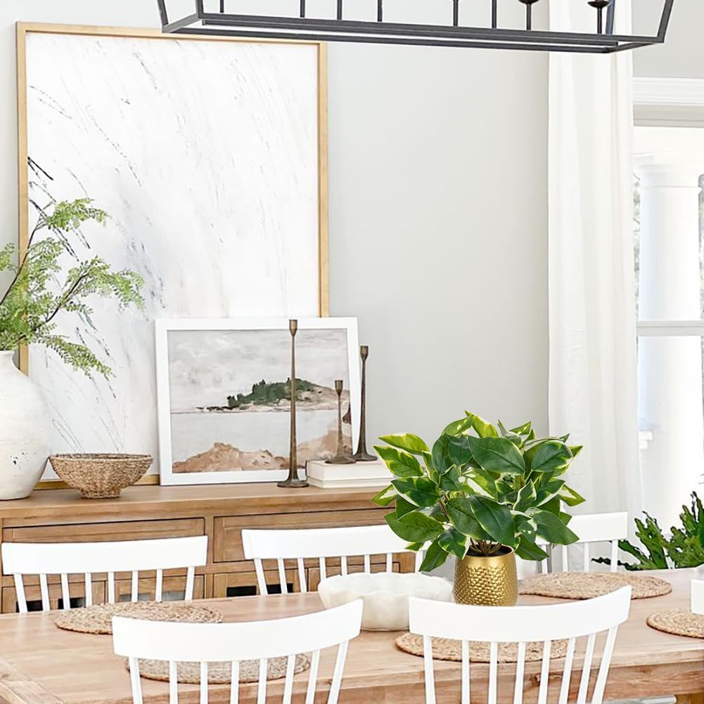Oairse Articicial Plants Indoor Small Fake Plants in Pots Faux Pothos N‘ Joy Potted Plant Fake Indoor Plants with Gold Pots for Bathroom Living Room Office Desk Shelves
