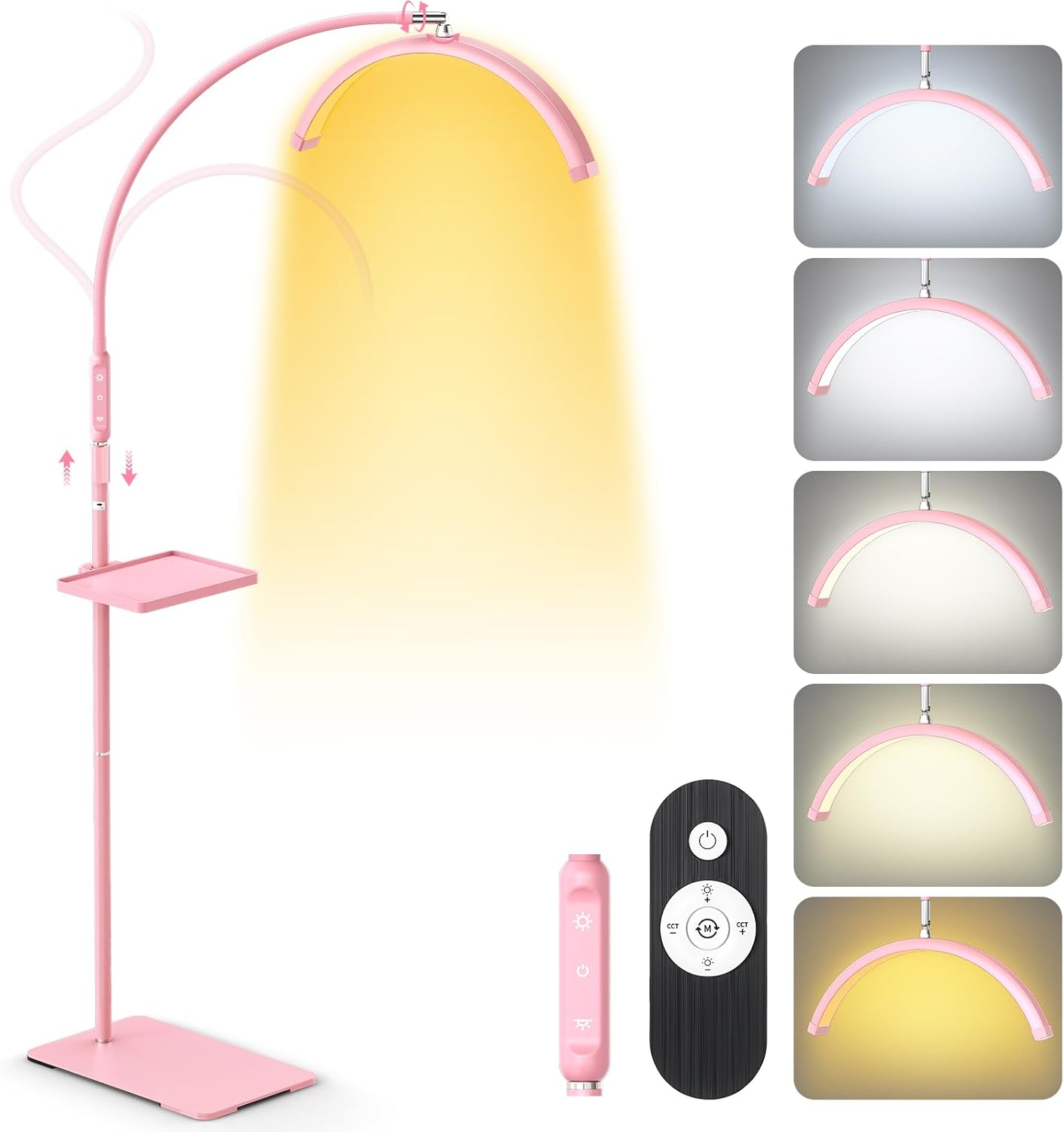 LIONVISON Half Moon Lash Light: 6500K LED Lamp Ring Light with Tray - 360° Flexible Gooseneck Durable Metal Stand - Salon Use for Lash Artists Eyelash Extensions (18In Pink)