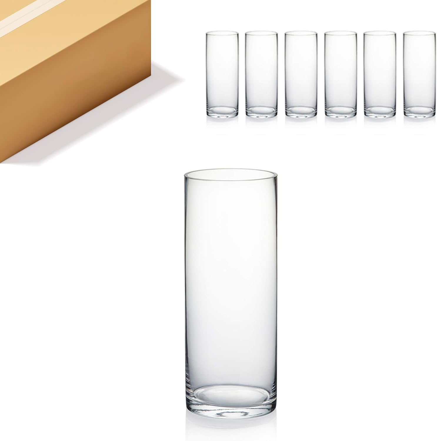 WGVI Quality Thick Weighted Clear Cylinder Glass Vases, 4" W x 10" H, Flower Arrangement Floating Candle Holders Wedding Centerpieces Terrarium Planter Floral Storage Container, Bulk Wholesale, 6 Pcs