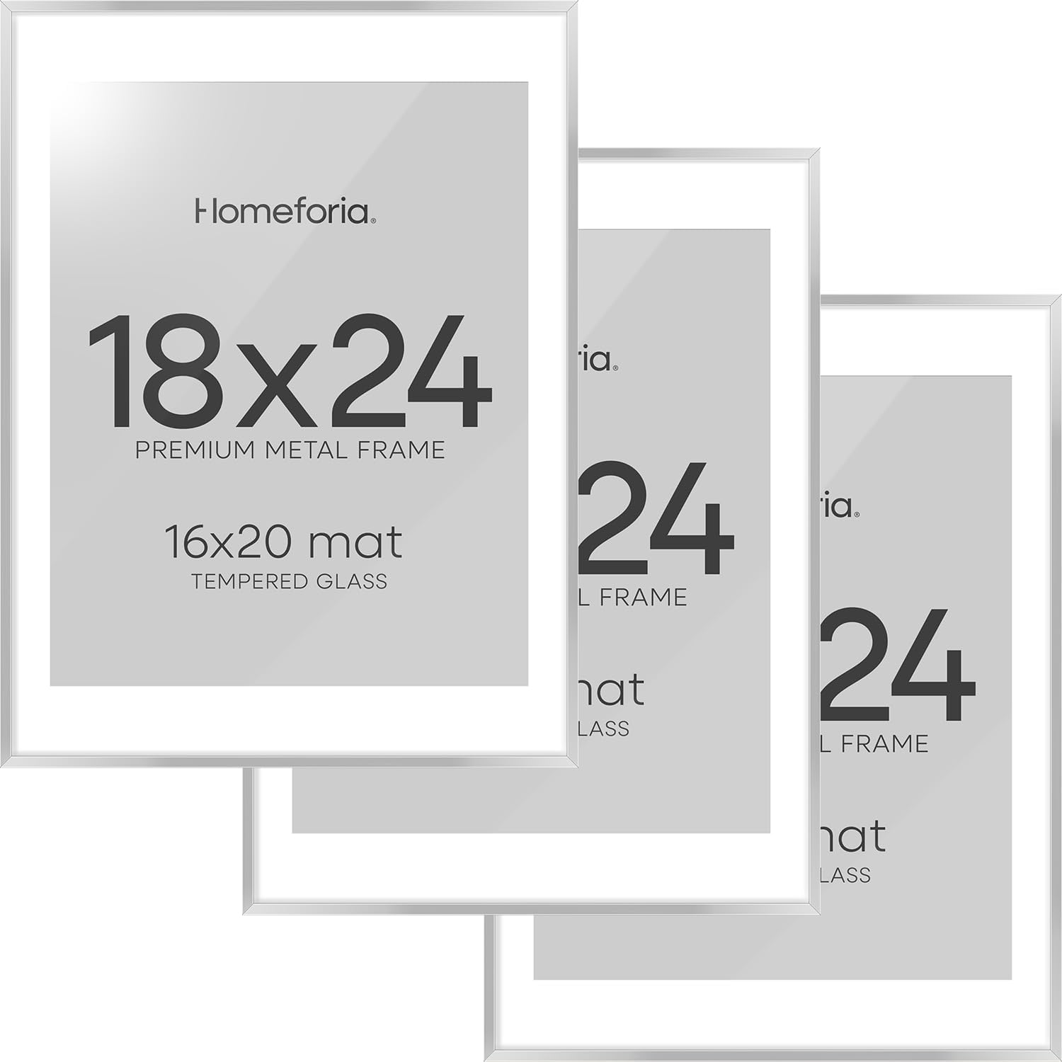Homeforia 18x24 Poster Frame Silver, High End Metal 18 x 24 Picture Frames with Mat 16 x 20 for Photo, 18x24 Silver Frame Matted to 16x20 Print, 24x18 Hanging Frame, Tempered Glass, Wall Kit, Set of 3