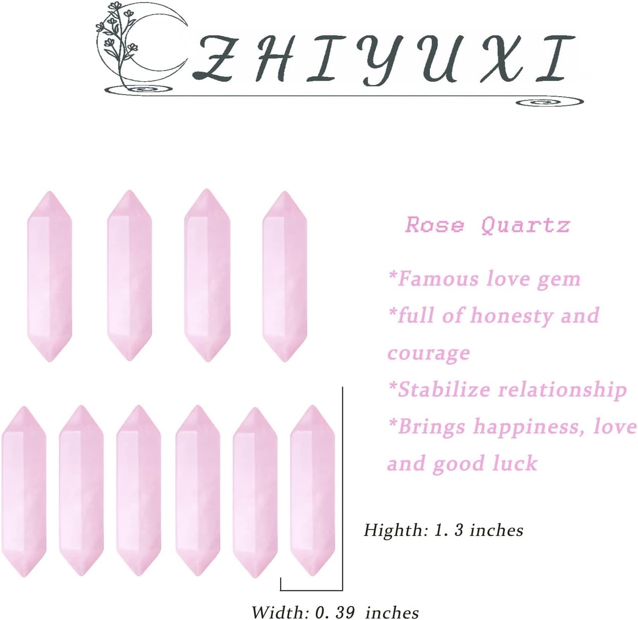 ZHIYUXI Rose Quartz Crystals Gem Stones Healing Crystals Rose Quartz Pink Crystal Points Crystals Bulk Tumbled Polished Energy Reiki Crystal Wand Wholesale Therapy Meditation Decor Gifts 10 Pcs