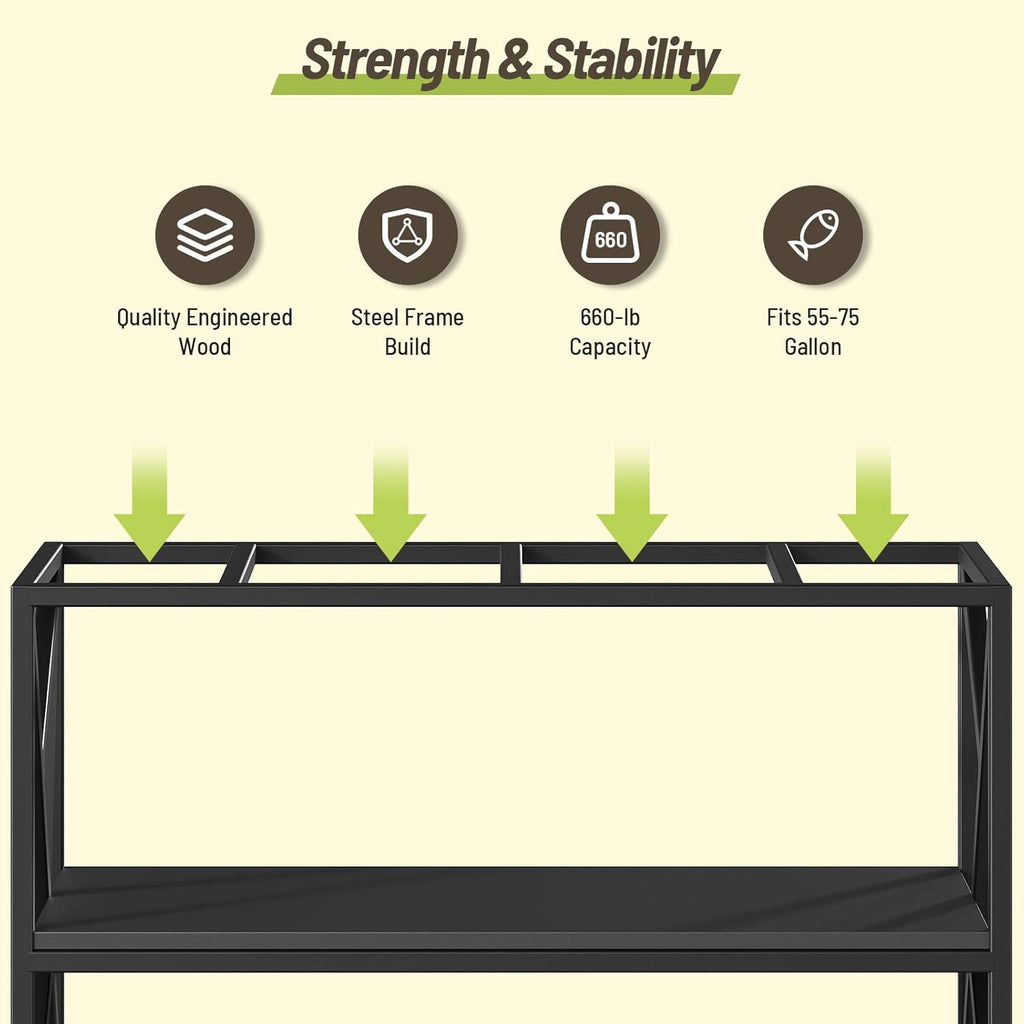 55-75 Gallon Fish Tank Stand with 3-Tier Storage Shelf, Metal Aquarium Stand for Reptile Terrarium Turtle and Breeder Tank Stand, Heavy Duty Metal Frame, Black