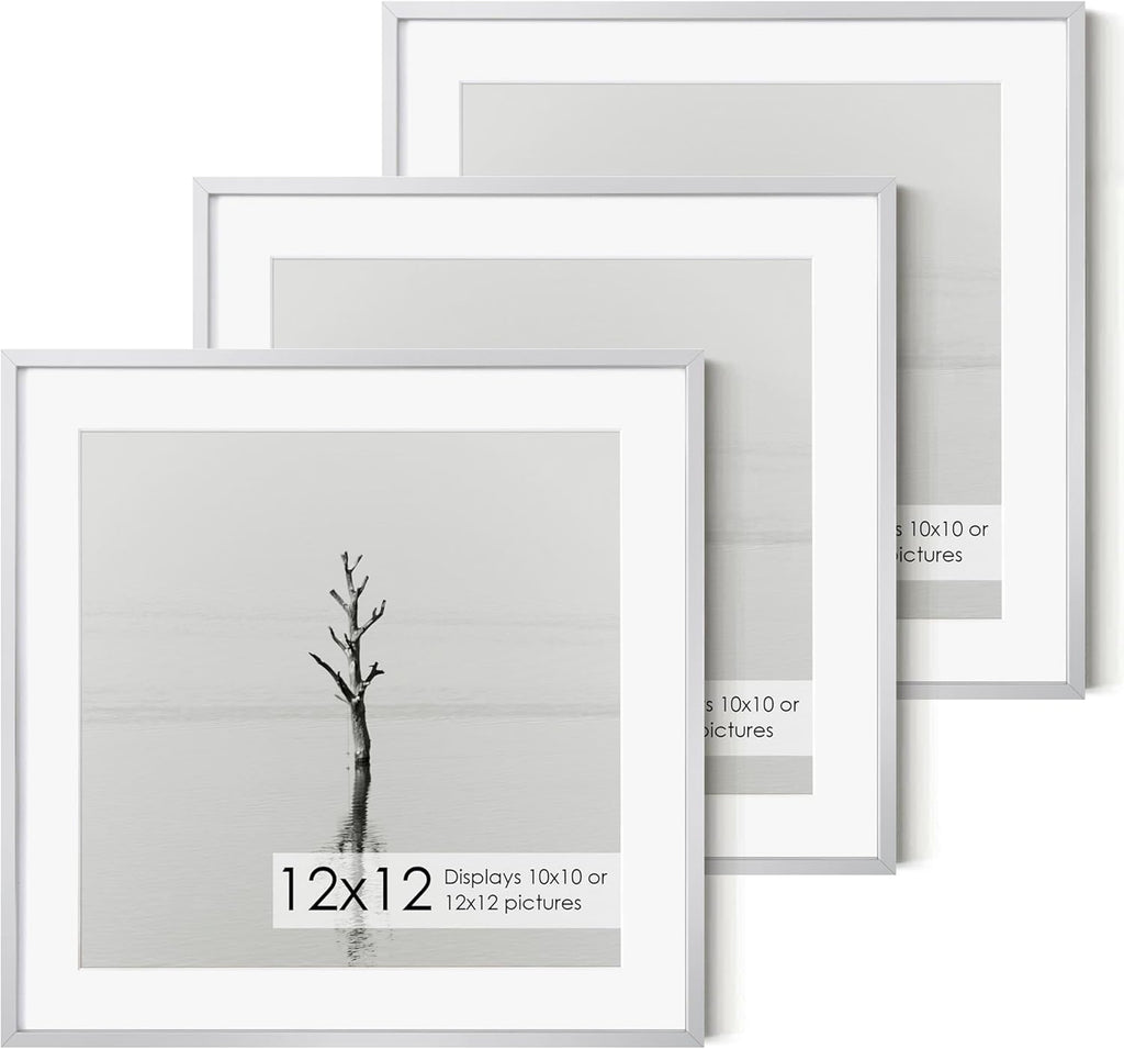 12x12 Metal Picture Frame with 10x10 Mat, Brushed Aluminum Finish, Attached Hanging Hardware, and Tempered Glass Front - Versatile Vertical or Horizontal Wall Display Frames(Sliver, Pack of 3)
