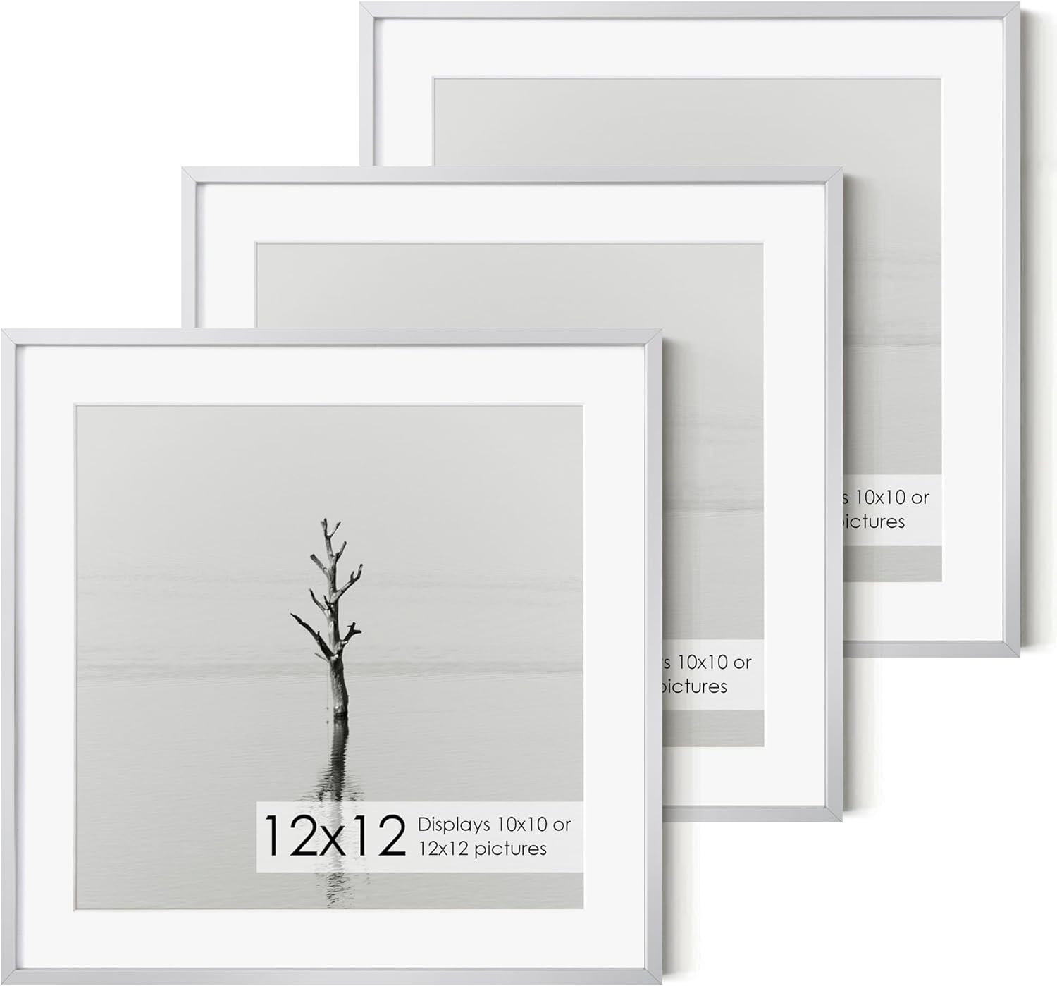 12x12 Metal Picture Frame with 10x10 Mat, Brushed Aluminum Finish, Attached Hanging Hardware, and Tempered Glass Front - Versatile Vertical or Horizontal Wall Display Frames(Sliver, Pack of 3)