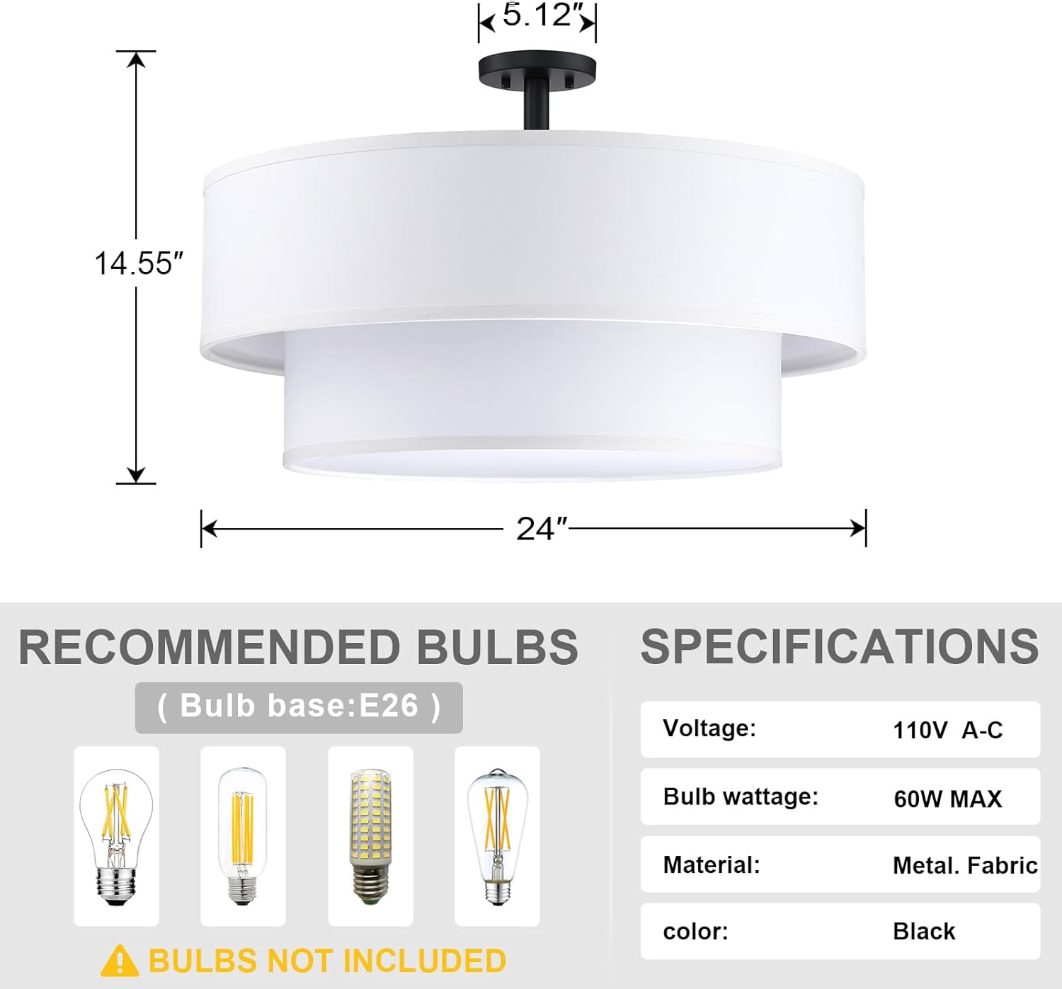 5 Light Off White Double Drum Fabric Shade Semi Flush Mount Ceiling Light,Close to Ceiling Light Fixture Black Finish,24 inch Semi Flush Drum Light for Bedroom,Living Room,Dining Room Hallway