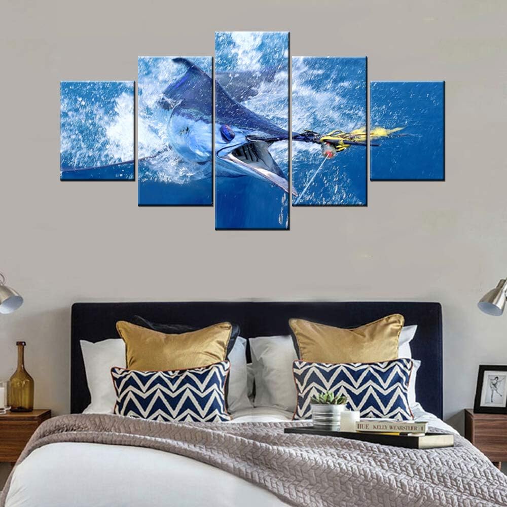 Framed Wall Art Big Swordfish in Sea Picture for Living Room Fishing Paintings Fish Blue Seascape Artwork 5 Panel Prints on Canvas Giclee Rustic Home Decor Gallery-Wrapped Ready to Hang(60''W x 32''H)