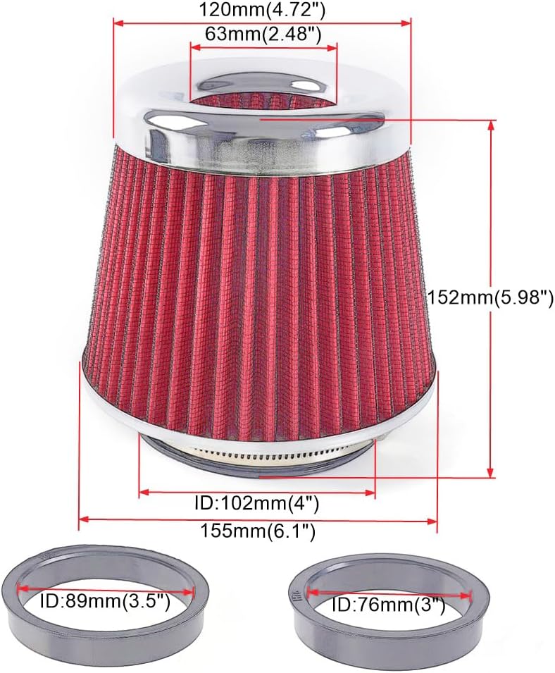 4-Inch Cold Air Intake Filter - Washable, High Performance, 3" or 3-1/2" or 4" Clamp-On Replacement Air Filter Red