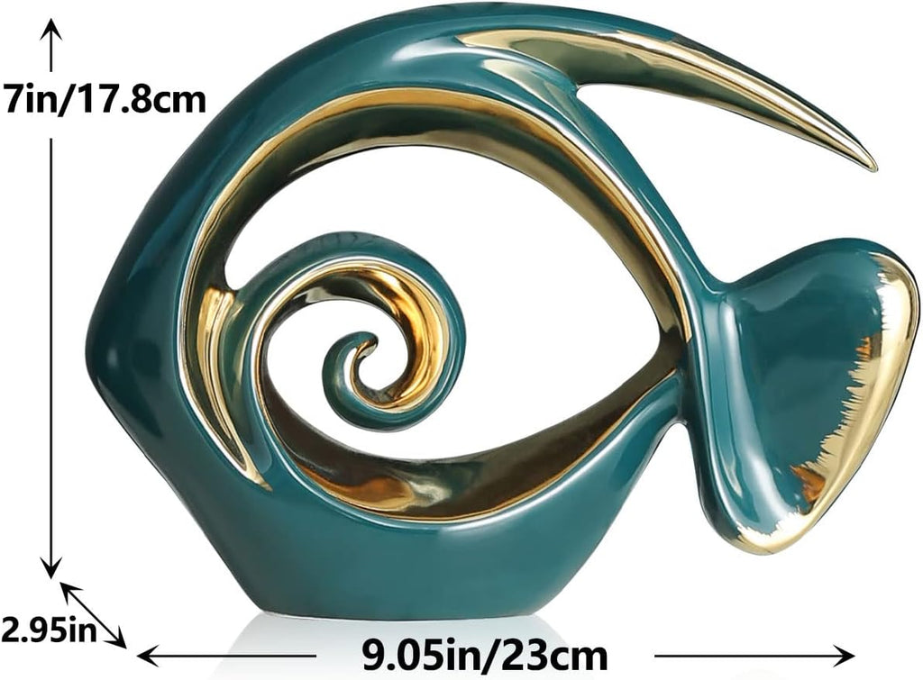 Green Gold Ceramic Fish Figurines - Coastal Home Decor, Modern Ocean Centerpieces for Living Room, Dining Area, Bathroom, Office, Coffee Table, Beach House, Nautical, Seaside, Entrance, Shelf Display