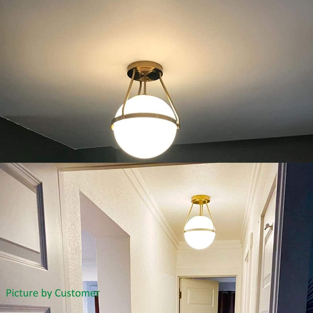 HOLKIRT Mid Century Modern Globe Semi Flush Mount Ceiling Light Fixture,White Opal with Brass Finish,Living/Dinning Room