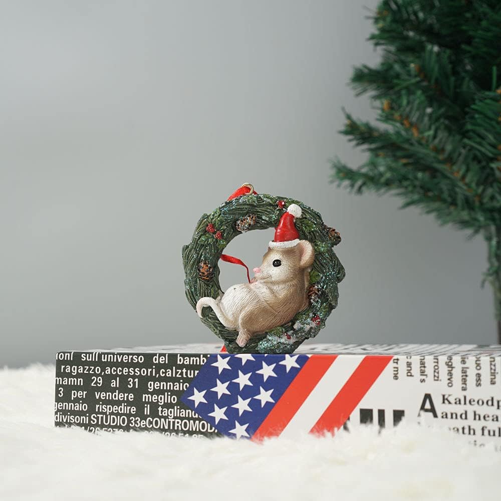 Christmas Small Animal Wreath Swing Ornament Hanging Decor for Xmas Tree Home Office Room Decoration with String (New, Mouse)