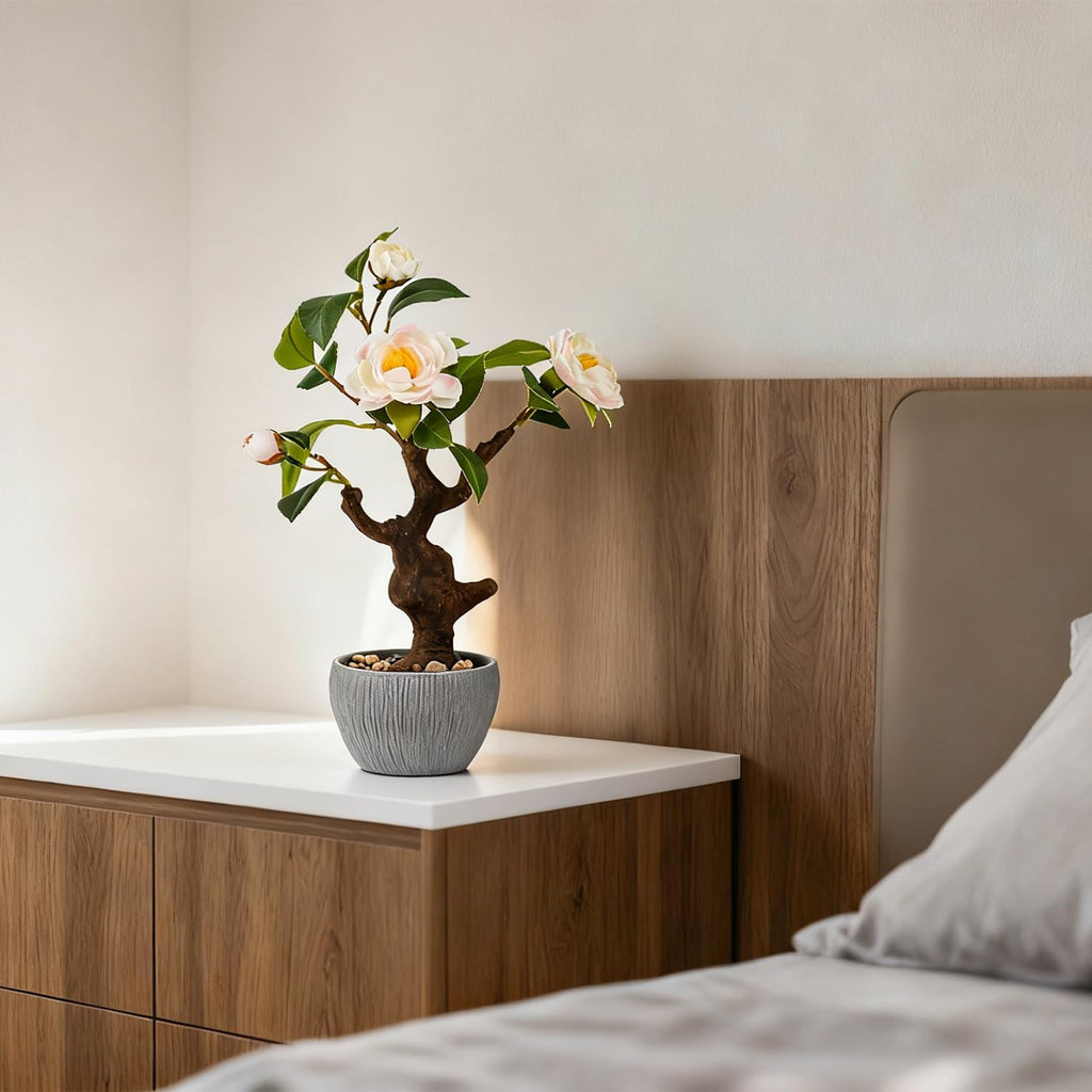 TOARTi Artificial Camellia Potted Plant with Stone Pot, 15" Tall Fake Potted Flowers Faux Plants Desk Decor, Realistic Decorative Plants Indoor Decor for for Home Bedroom Bathroom Office