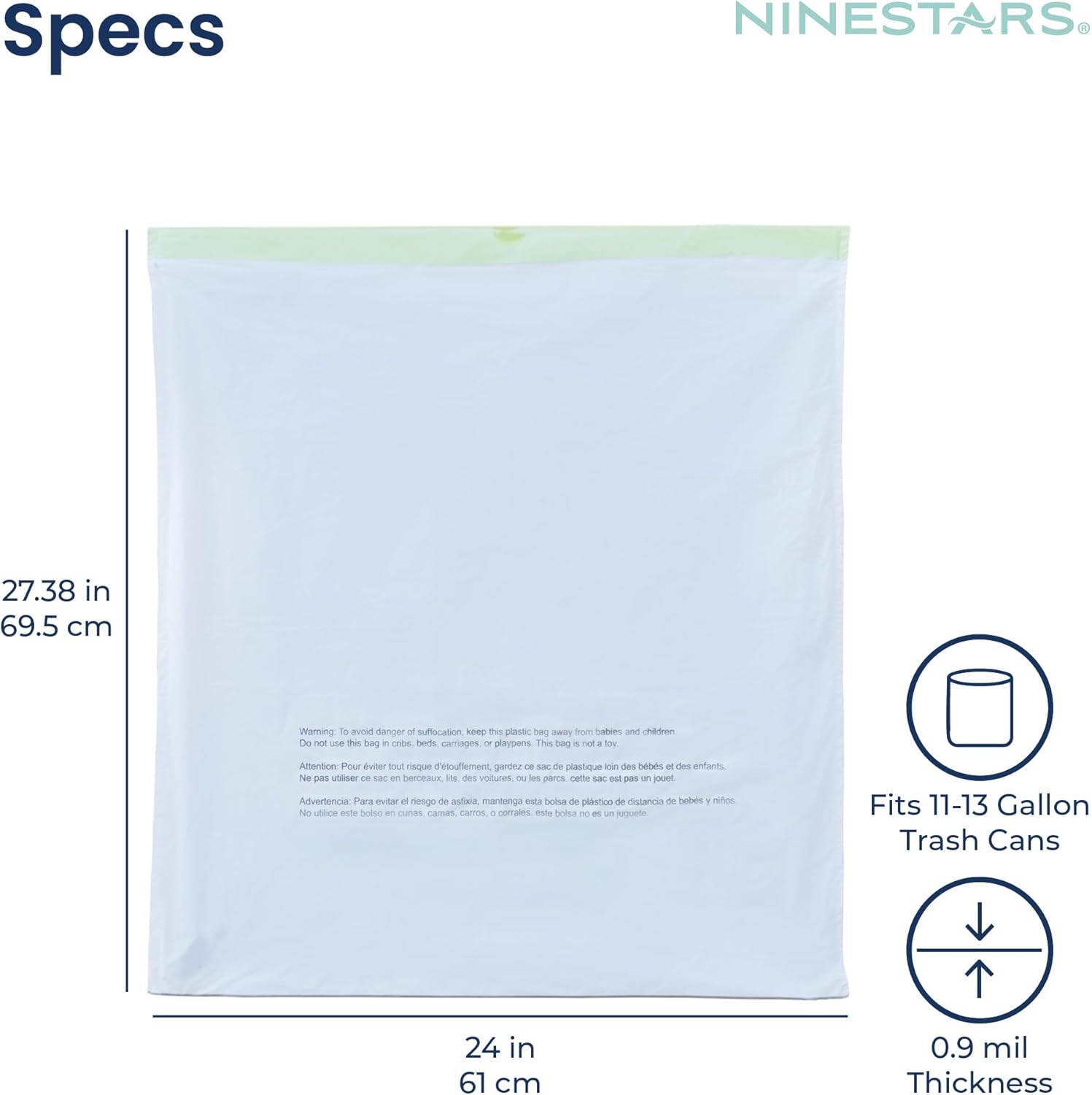 NINESTARS 13 Gallon Extra Thick Drawstring Trash Bags, Heavy Duty Leak-Proof White Plastic Garbage Bags for Kitchen, Bathroom, or Office, 90 Count