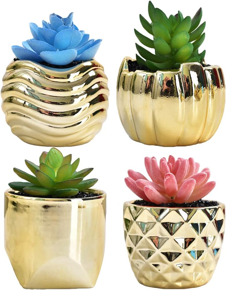 4pcs 3.5 Inches Gold Mini Succulent Ceramic Pots Holder, Small Simple Golden Porcelain Plant Cactus Flower Holder Decorative Planters, Plants Not Included