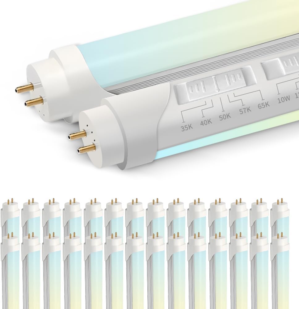 30PK T8 LED Tube Bulbs 4 Foot, Frosted 10W-22W 5 Watt Selectable 5 CCT 3500K-6500K, Type A+B Plug & Play or Ballast Bypass 4ft Fluorescent Light Bulbs Replacement, Single or Double-Ended