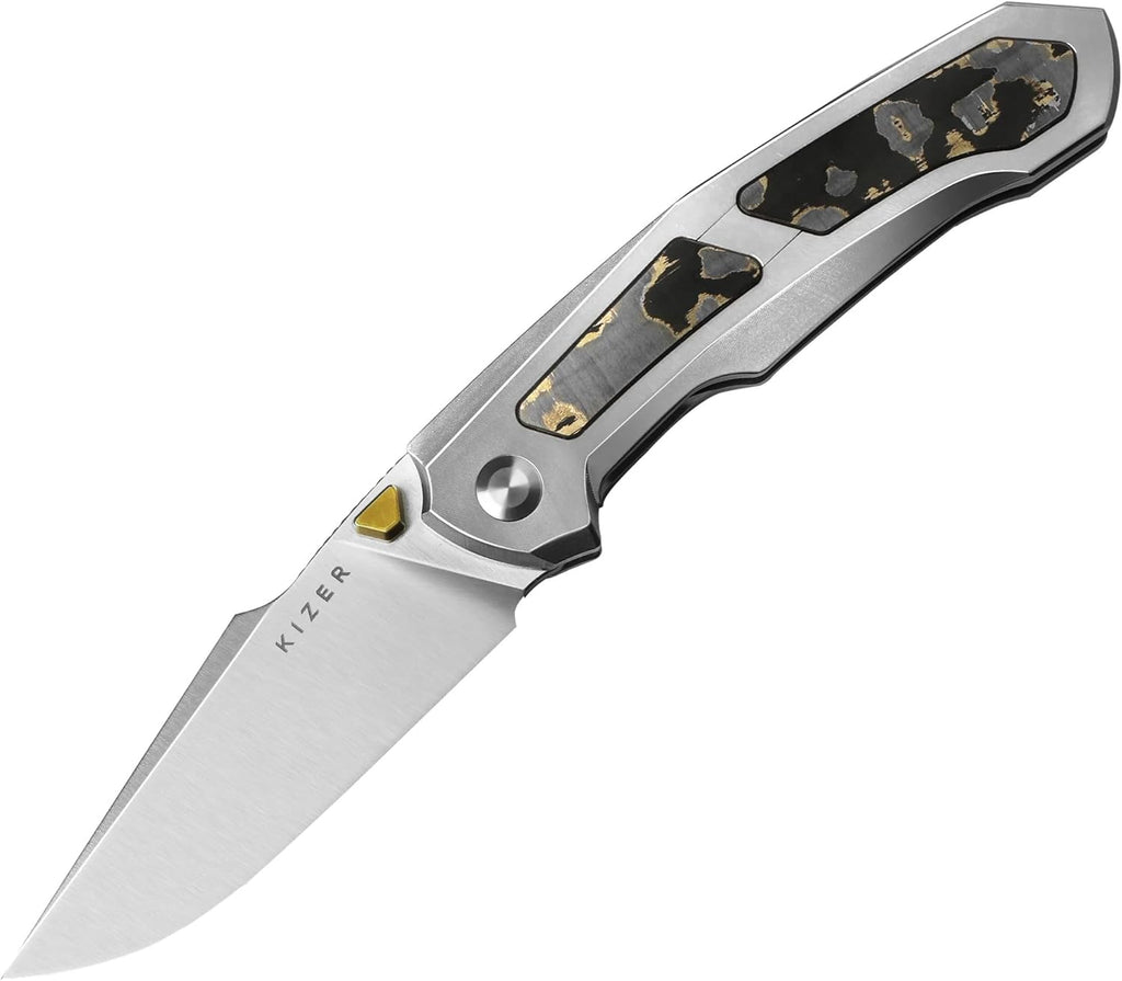 Kizer Feweed Pocket Knife, 2.98" Z-Wear PM Clip Point Blade Folding Knife with Titanium Handle with CamoCarbon Gold, Front Flipper & Thumb Stud Opener EDC Knives for Camping Hiking KI3694A4