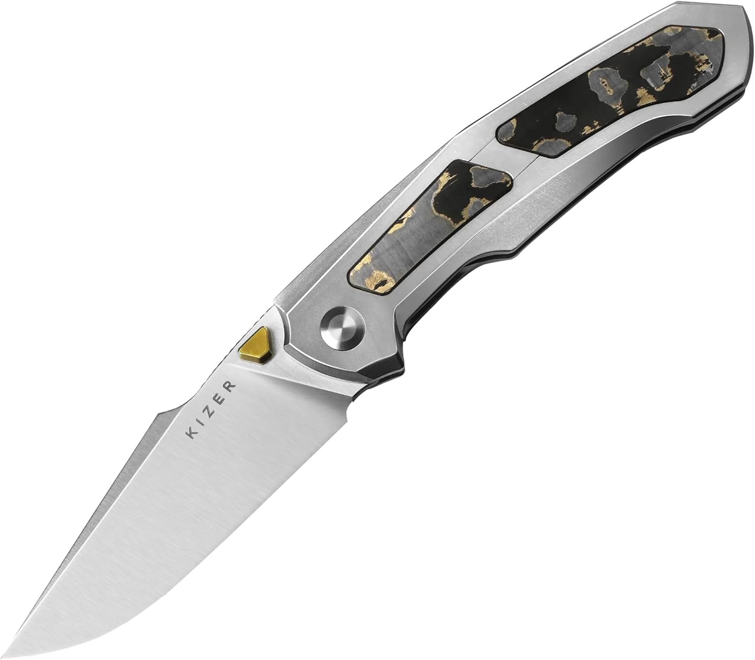 Kizer Feweed Pocket Knife, 2.98" Z-Wear PM Clip Point Blade Folding Knife with Titanium Handle with CamoCarbon Gold, Front Flipper & Thumb Stud Opener EDC Knives for Camping Hiking KI3694A4