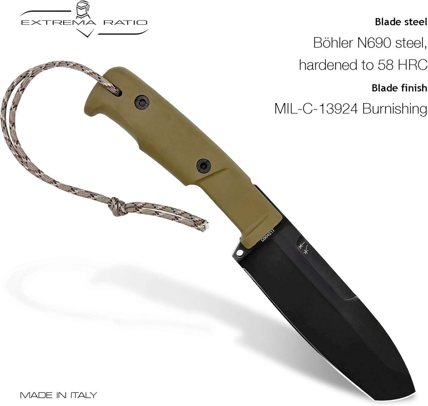 Extrema Ratio - Selvans (Desert) Fixed Blade Knife, Böhler N690 Steel Blade Hardened to 58 HRC, Burnished Finish, Full-Tang Design, Ergonomic Forprene Handle, Precision Handcrafted in Italy, Durable Outdoor Knife
