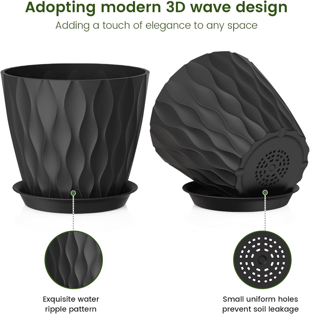 7 inch Plant Pots for Indoor Outdoor Plants, 5 Pack Thick Flower Pots with Drainage Holes and Saucers, 3D Modern Wave Texture Plastic Planter Pots for House Plants, Black