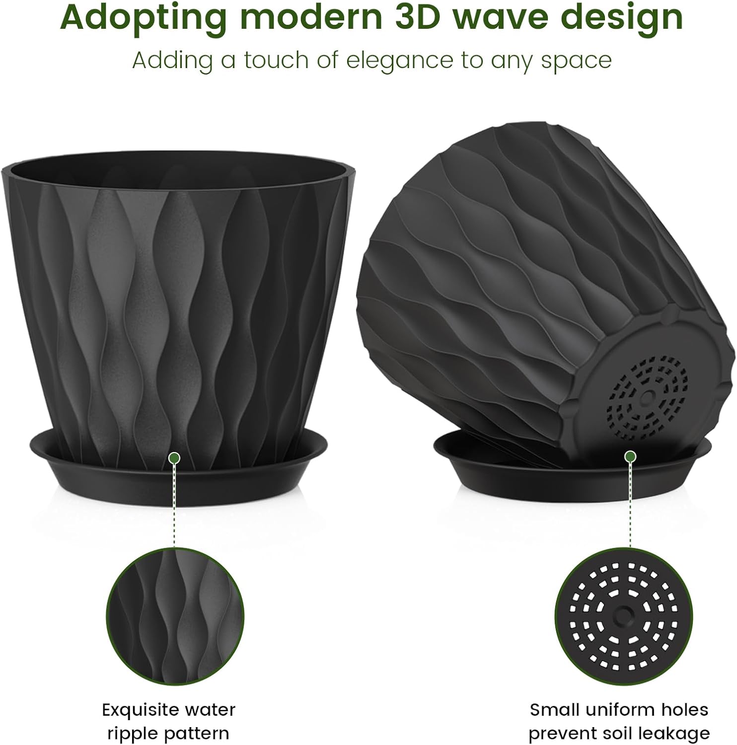7 inch Plant Pots for Indoor Outdoor Plants, 5 Pack Thick Flower Pots with Drainage Holes and Saucers, 3D Modern Wave Texture Plastic Planter Pots for House Plants, Black