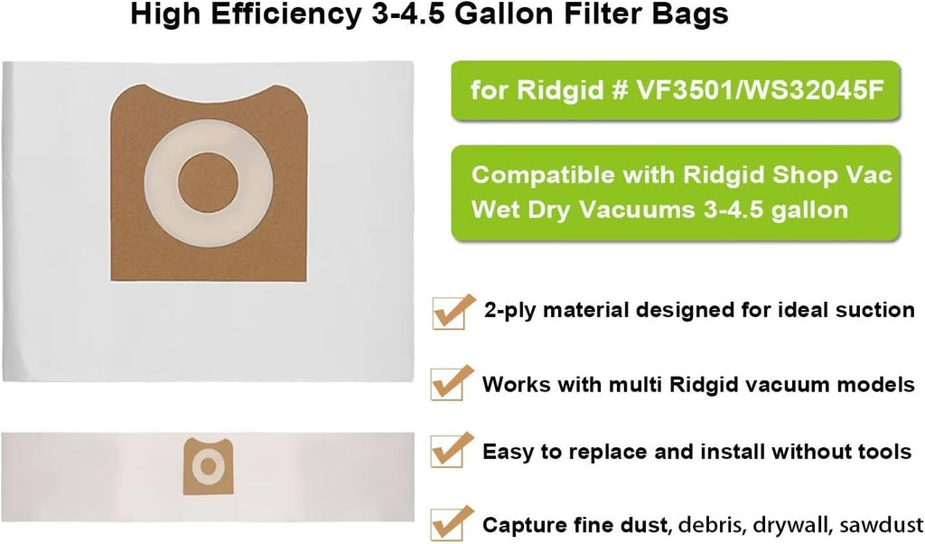 2 Pack VF3500 Replacement Filter for Ridgid Shop Vac 3-4.5 Gallon Wet Dry Vacuums + 2 Pack VF3501 Filter Bags Compatible with Ridgid 3-4.5 Gallon Wet Dry Vacuums (4 Pack)