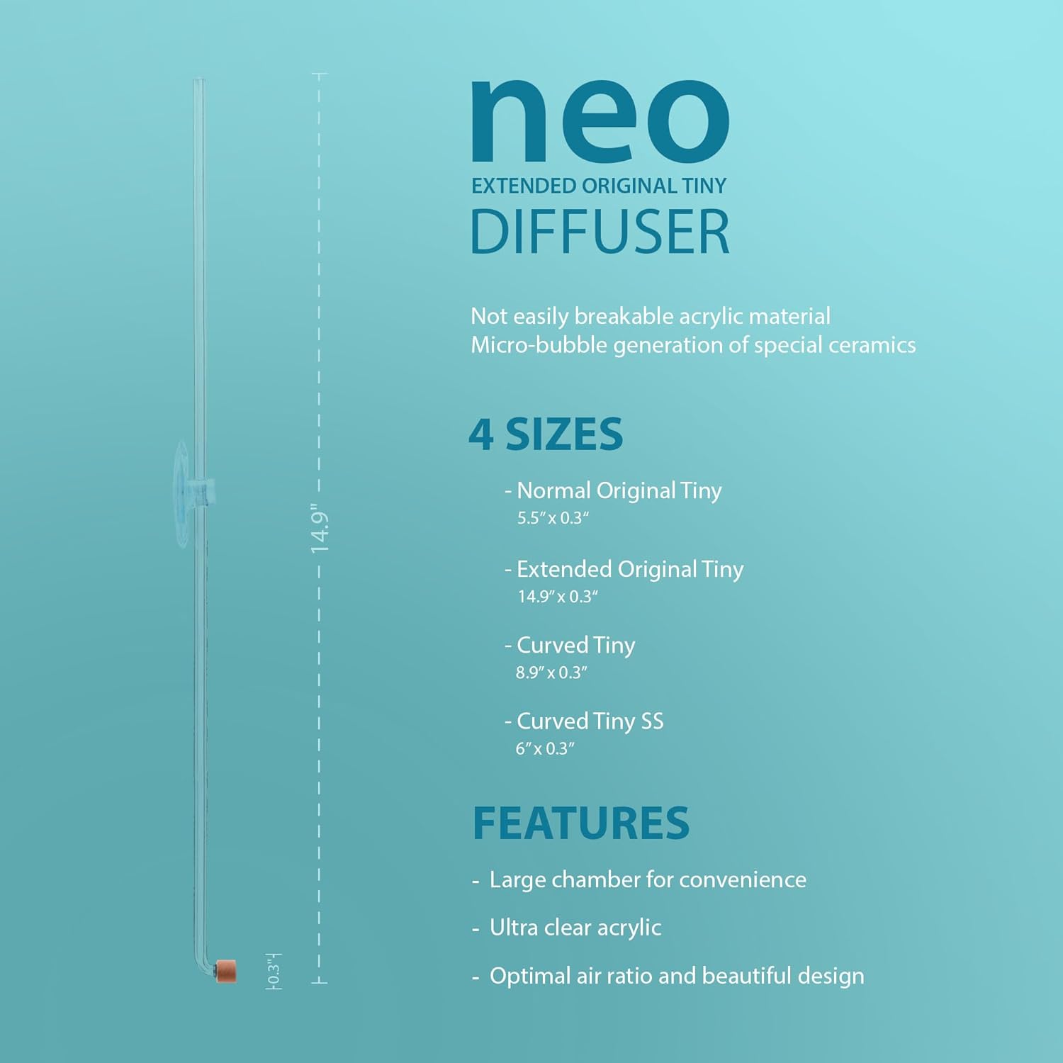 Neo CO2 Aquarium Diffuser - CO2 Diffuser Aquarium Kit, CO2 Diffuser for Aquarium Plants, CO2 System for Aquarium - Extended Diffuser, Tiny