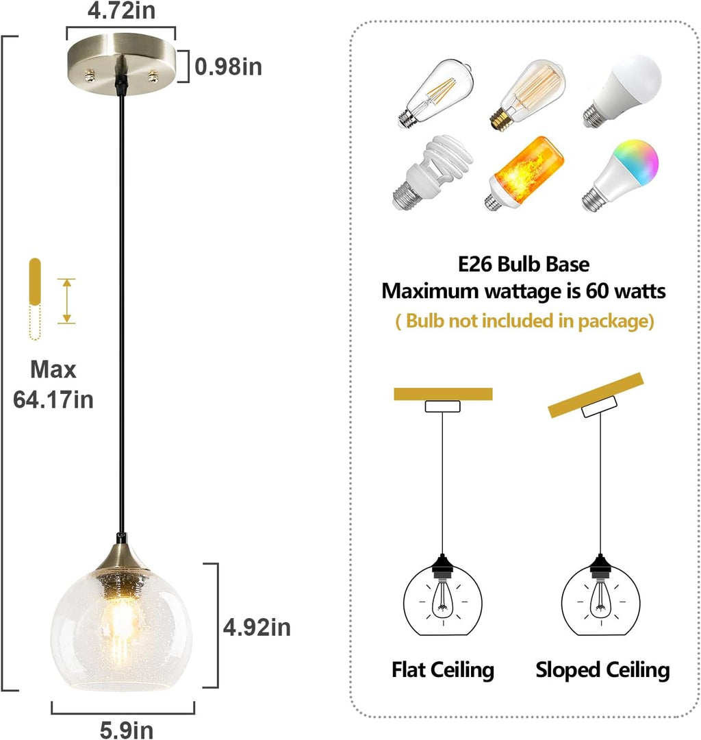 Clear Glass Pendant Lights Kitchen Island Lighting Globe Pendant Light Fixtures Modern Pendant Lighting for Kitchen Island Bedroom Living Dining Room Light Fixture(5.9in, 1-Pack)