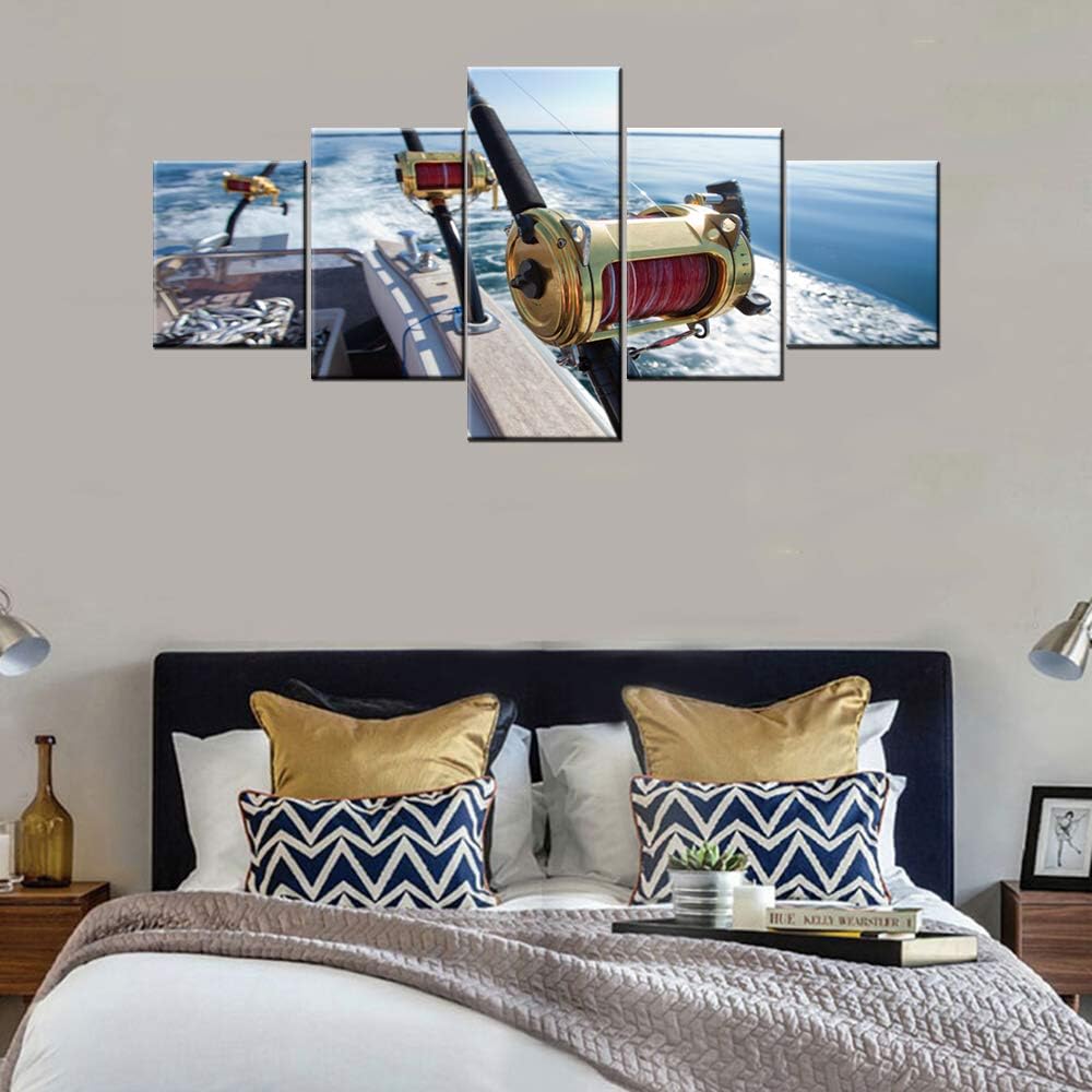 5 Piece Canvas Wall Art Fishing Reels and Rods Pictures for Living Room Premium Quality Angling Artwork White Sea Wave Paintings Bedroom House Decor Framed Gallery-Wrapped Ready to Hang(50''Wx24''H)