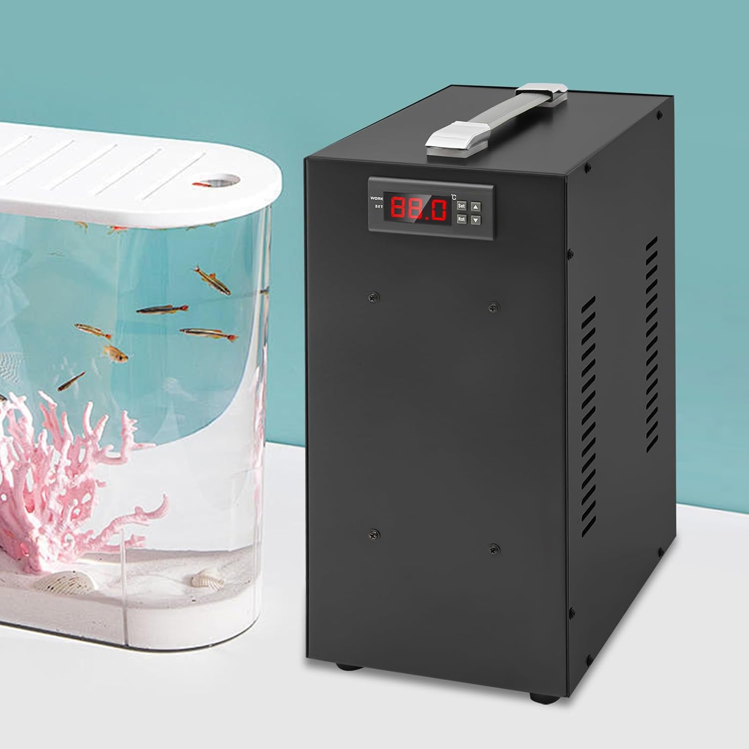 40L/10.57Gal Aquarium Chiller, 150W Aquarium Water Chiller with LCD Display, Fish Tank Water Chiller w/Quiet Design Refrigeration Compressor ＆ Water Tube for Coral Jellyfish (40L/10.57Gal)