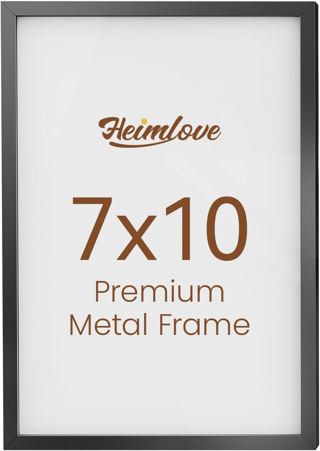 Heimlove 7x10 Metal Picture Frame,Black Aluminum Photo Frames-Real Tempered Glass,Tabletop Display,Mounting Horizontally or Vertically Decor for Wall-1Pack