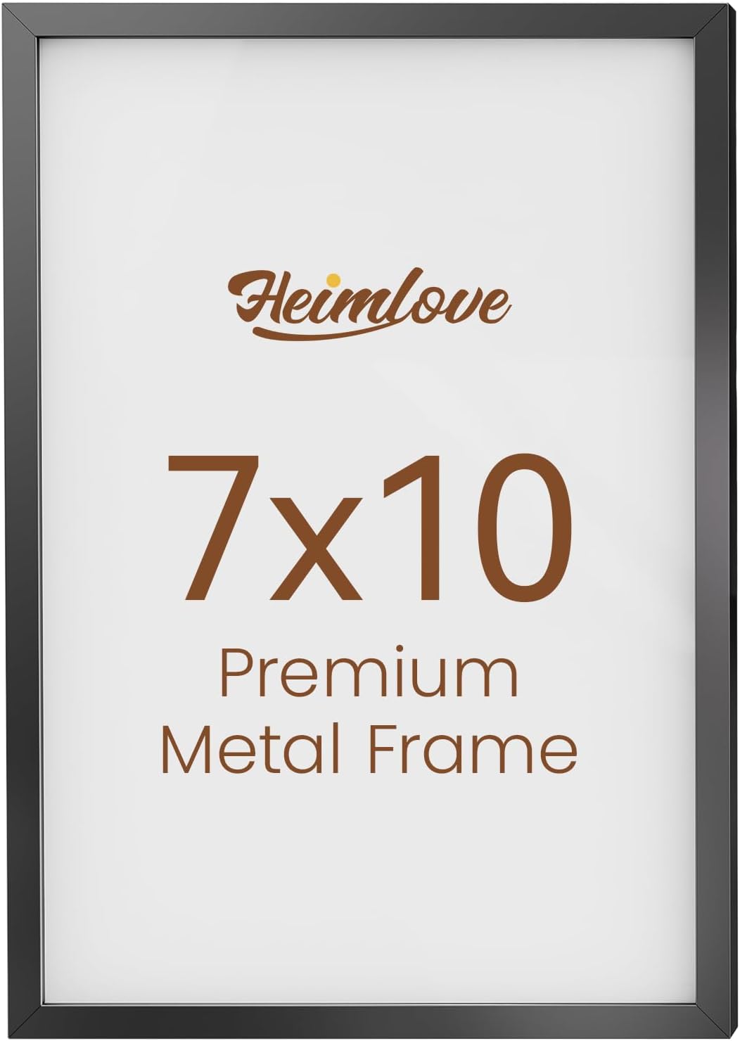 Heimlove 7x10 Metal Picture Frame,Black Aluminum Photo Frames-Real Tempered Glass,Tabletop Display,Mounting Horizontally or Vertically Decor for Wall-1Pack