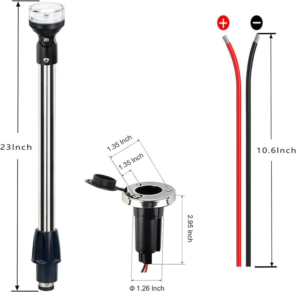 Stern Light Boat Anchor Light Marine Navigation lights USCG 2 NM All Round White LED Removable 2 Pin 12 Volts 24 Inches (Stainless steel Cover with plug-in base)